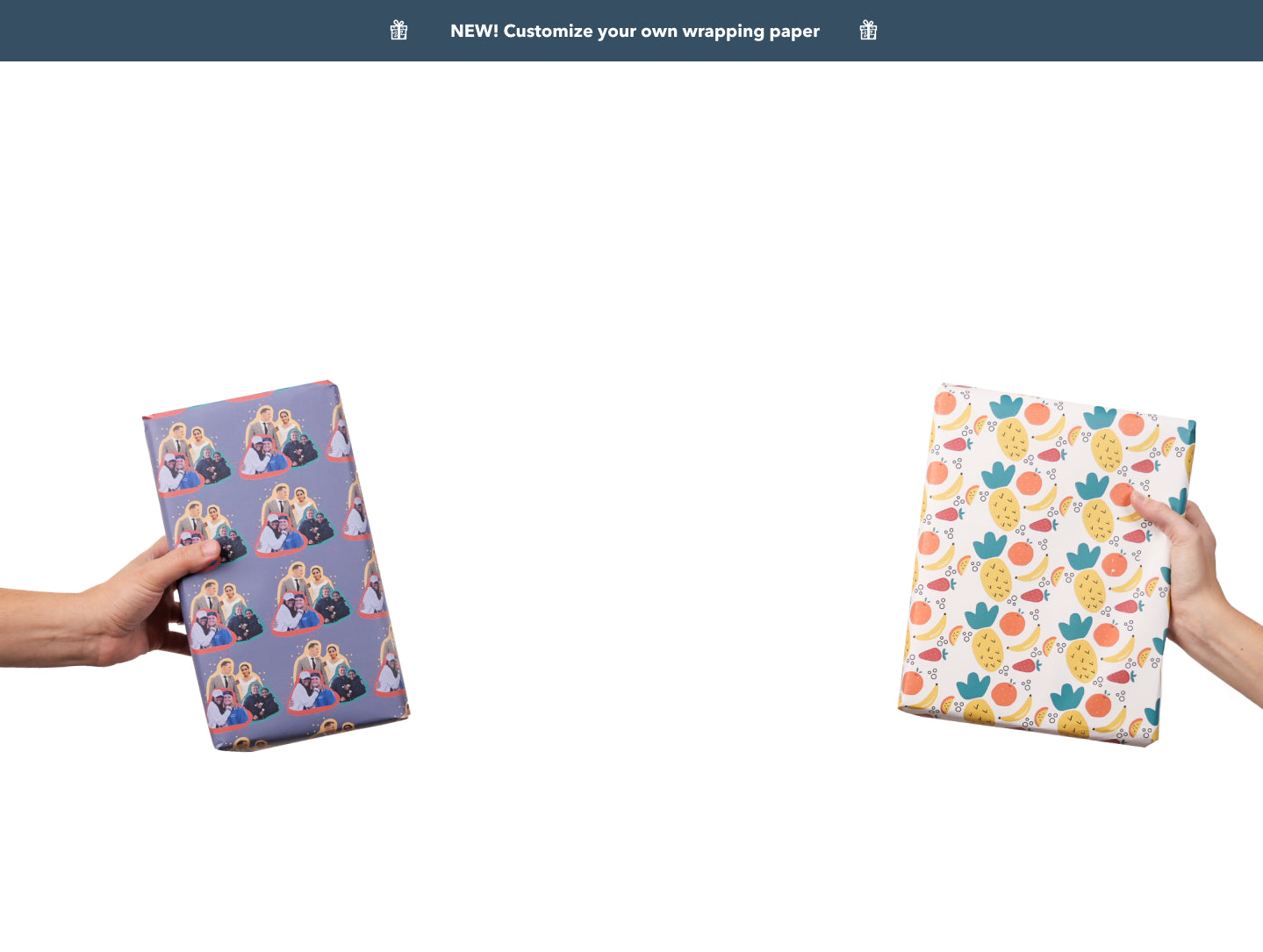 Personalized photo wrapping paper next to a personalized wrapping paper with fruit