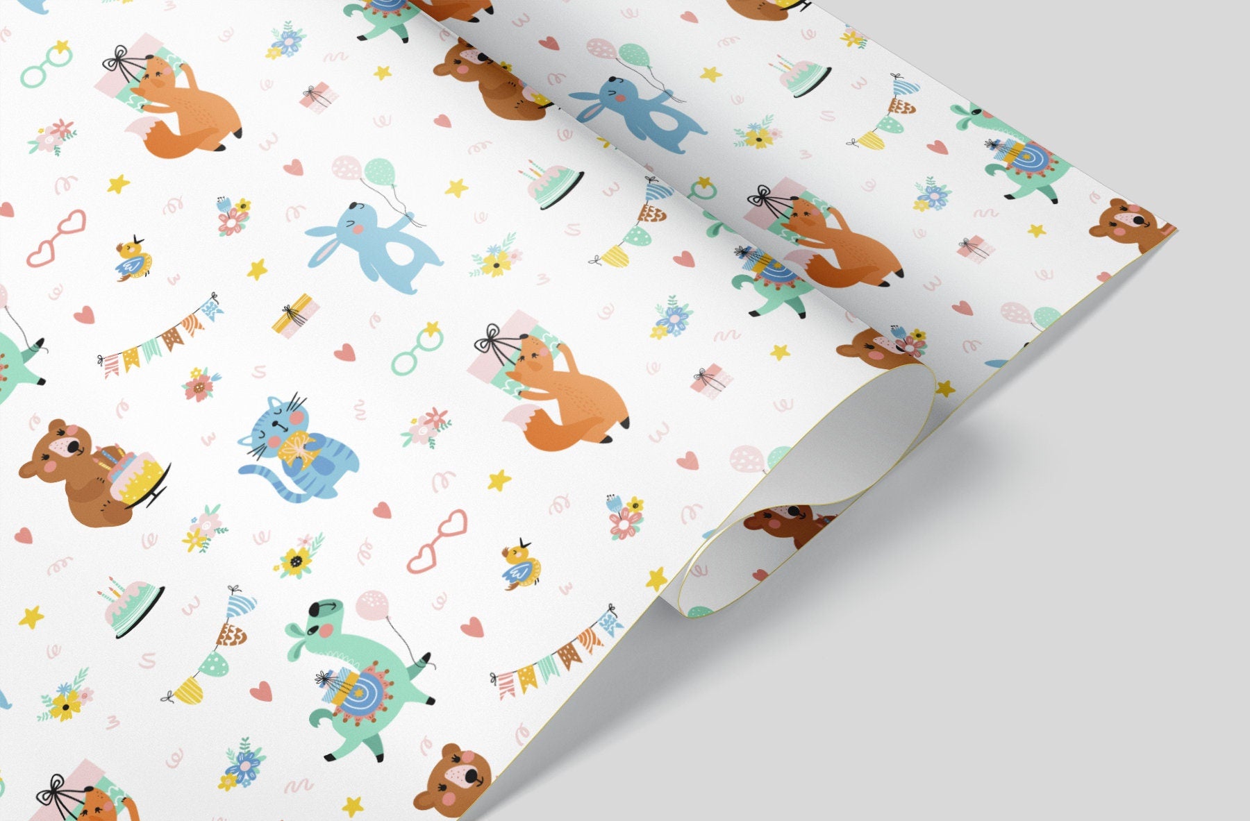 Wrapping Paper with Woodland animals celebrating a birthday Party