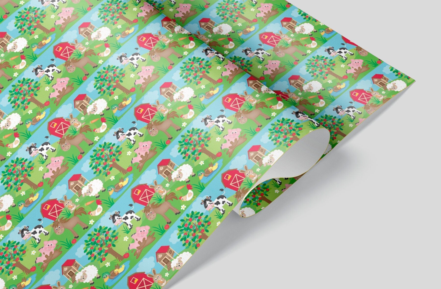 Wrapping Paper with a red barn and farm animals