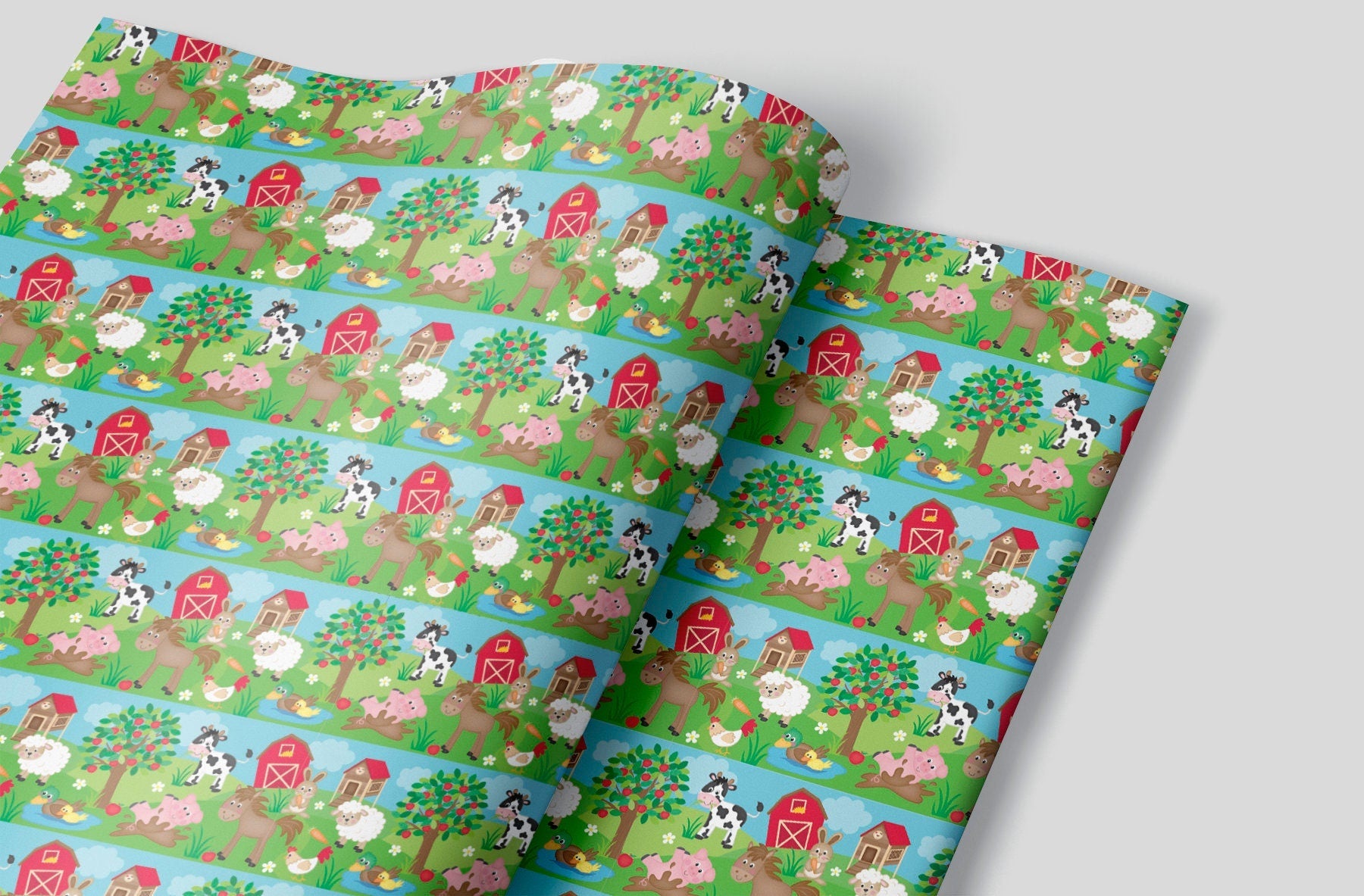 Wrapping Paper with a red barn and farm animals