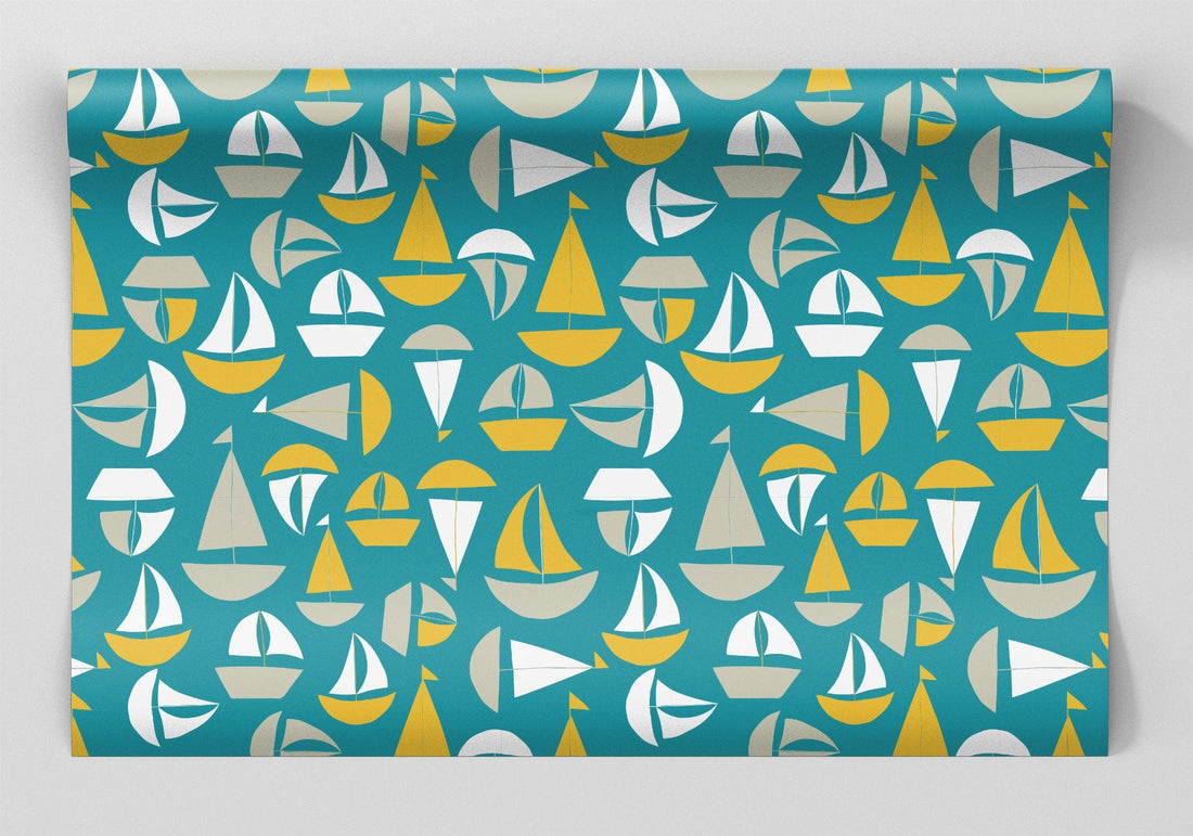 Green Wrapping paper with White and Yellow Sail Boats