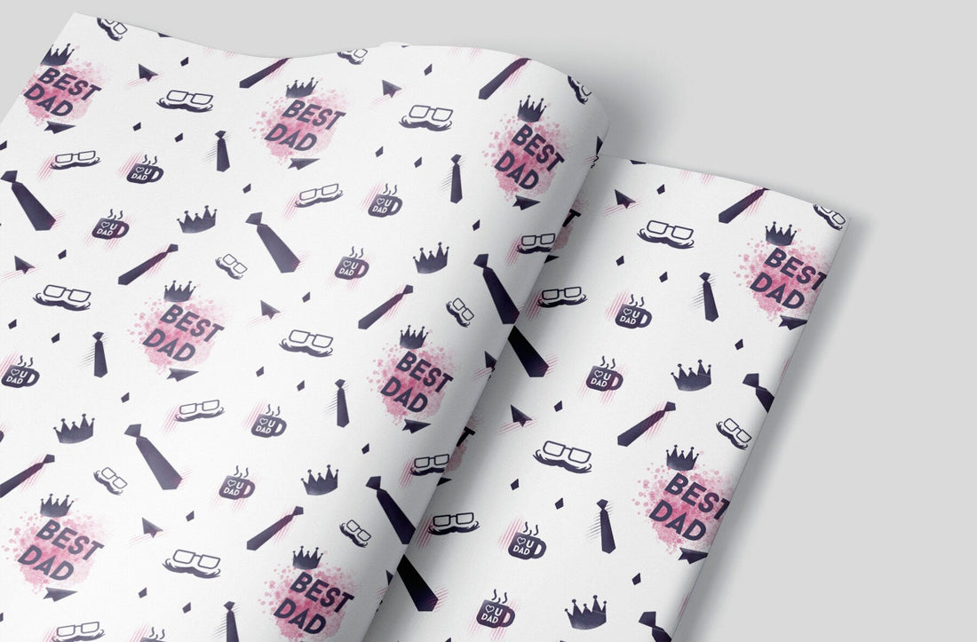 White Gift Wrap with Best Dad, ties, glasses, mustache and coffee icons