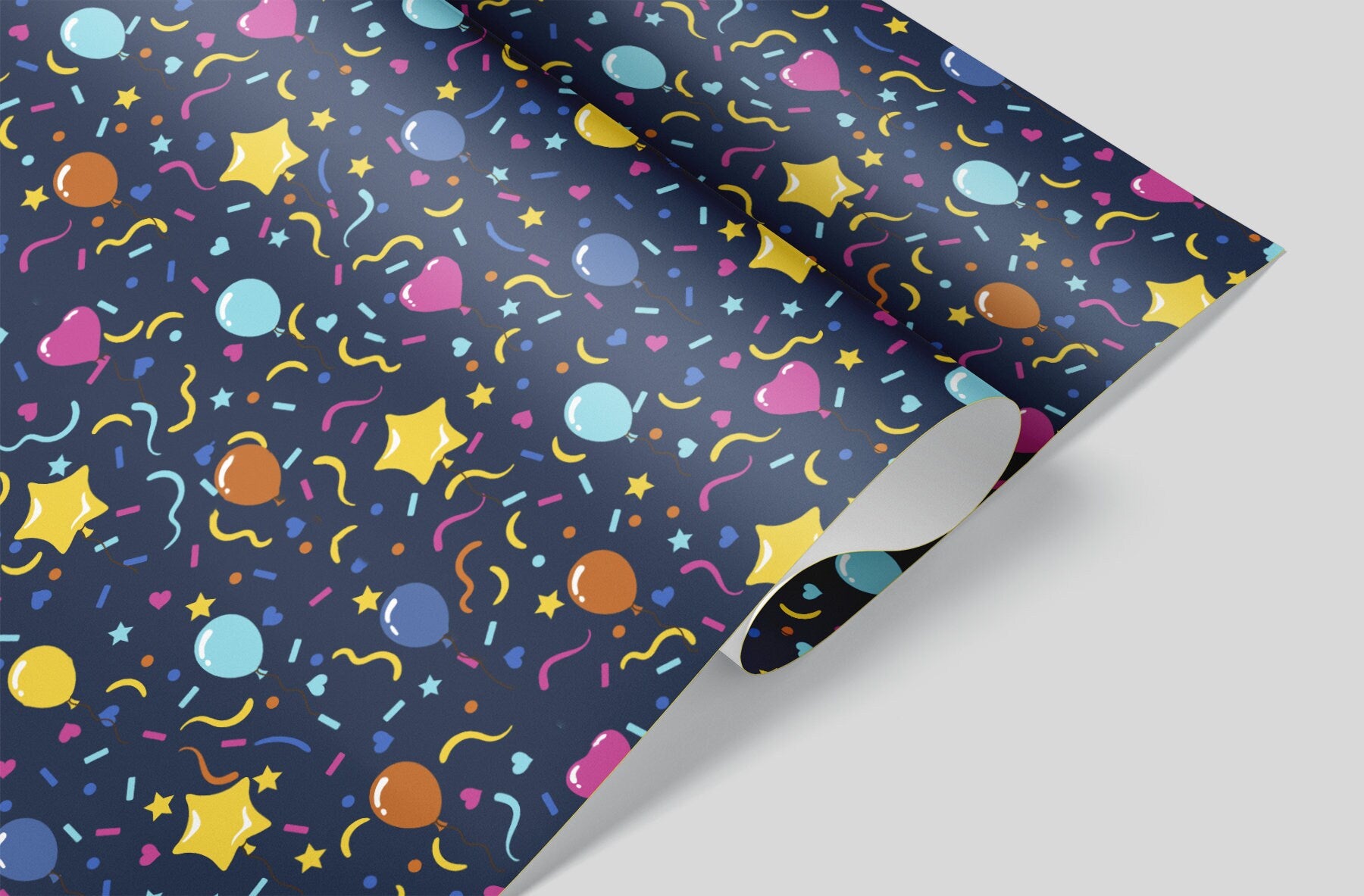 Blue wrapping paper with colorful balloons and confetti