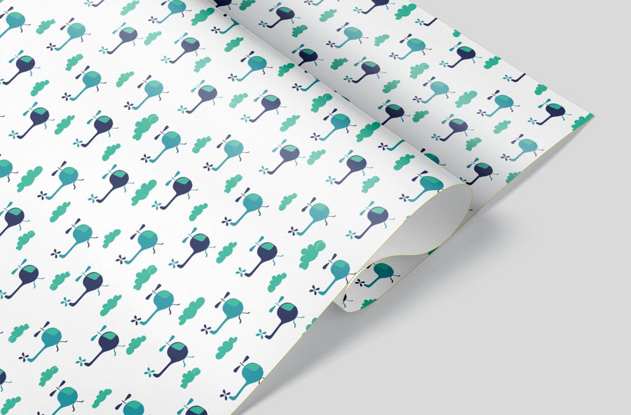 White Wrapping paper Sheet with Blue and Green Helicopters flying among the clouds