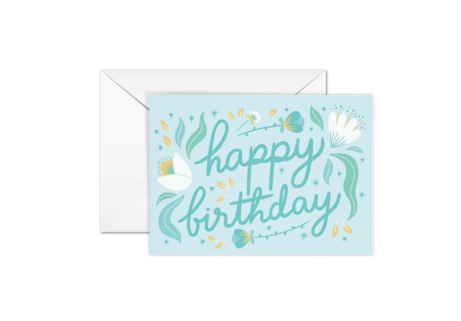 a 5x7 landscape folded greeting card with blue print saying happy birthday and envelope