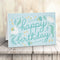 a 5x7 landscape folded greeting card with blue print saying happy birthday