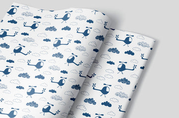 White Wrapping Paper Sheet with Blue Helicopters and Clouds