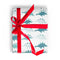 white wrapping paper with blue stegosaurus dinosaurs with a red ribbon tied around it