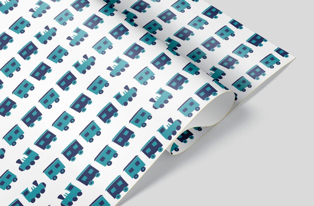 Wrapping Paper sheet with fun blue trains