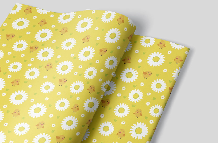 Bright White Flower Wrapping Paper with Baby Chicks