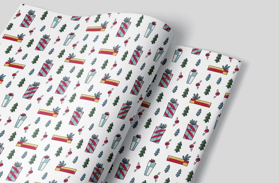 A white sheet of wrapping paper with different Christmas presents, Christmas Trees and ornaments