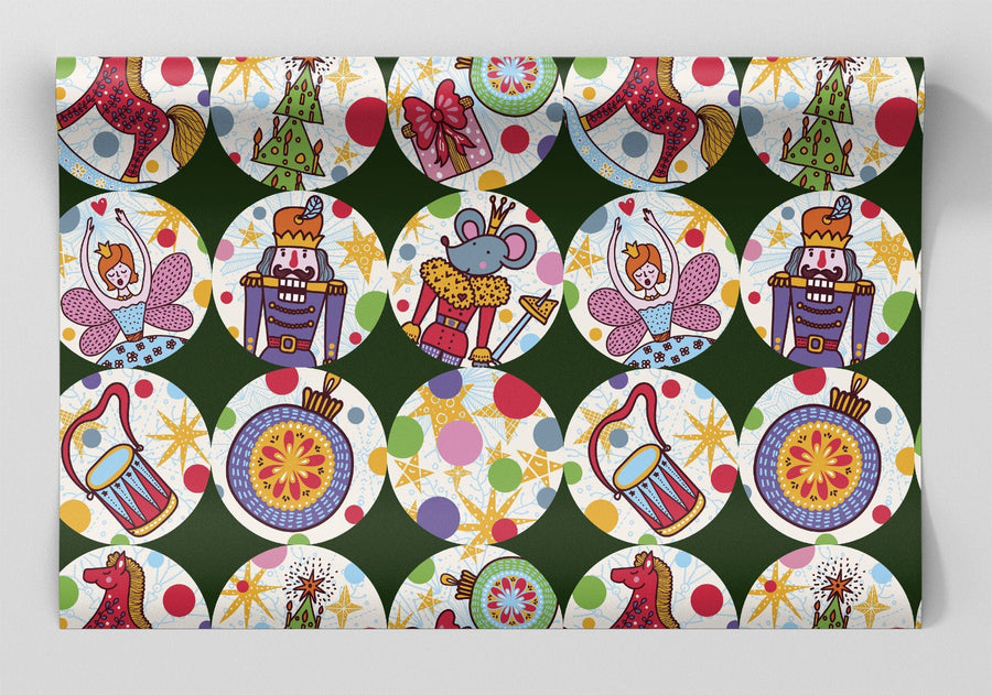 Green Wrapping paper with characters from the Night of the Nutcracker inside Ornaments 