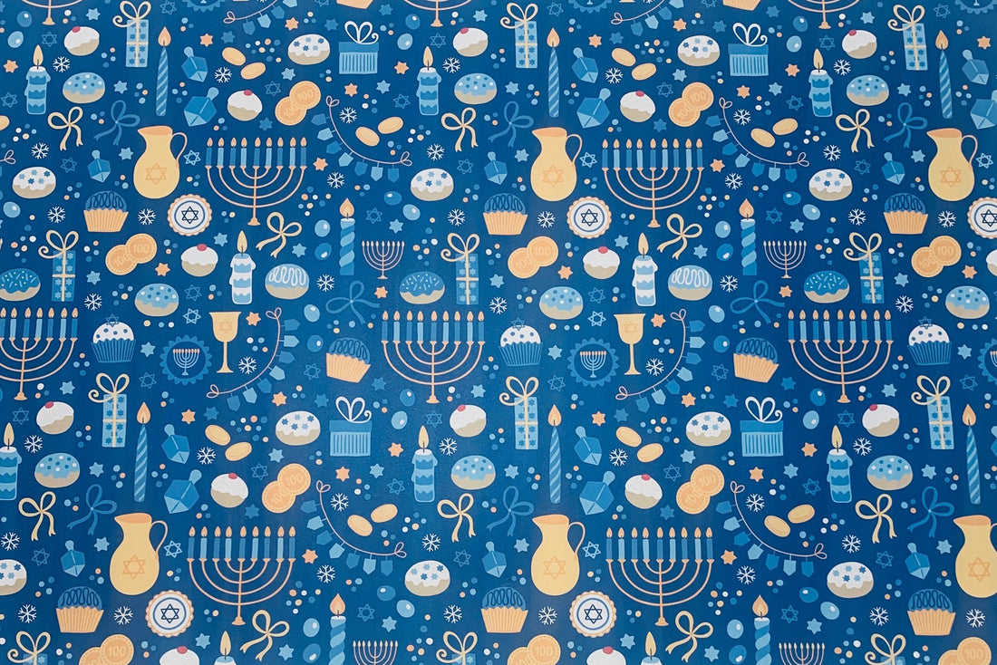 Blue Hanukkah Wrapping paper with menorah, star of David, Dreidel, Pastries, Snowflakes, coins and bows  