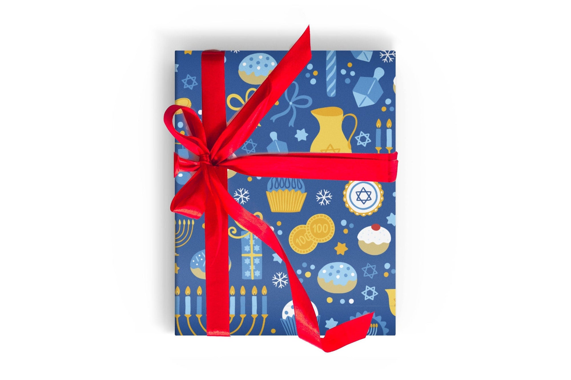 Blue Hanukkah Wrapping paper with menorah, star of David, Dreidel, Pastries, Snowflakes, coins and bows  
