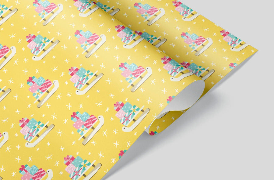 Yellow Christmas Sled Wrapping Paper Alexander's 
